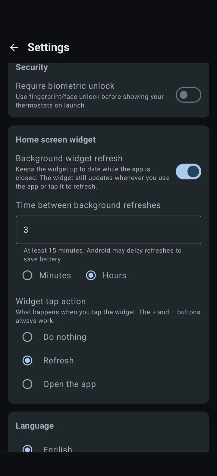 App settings screen in PocketStat