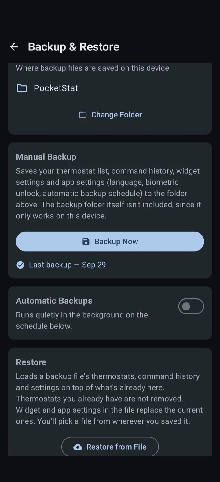 Backup & restore screen in PocketStat