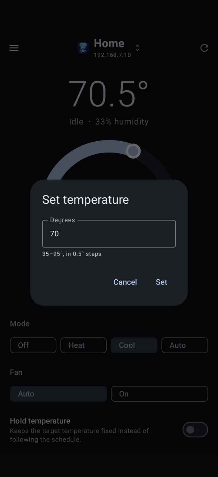 Temperature dial screen in PocketStat