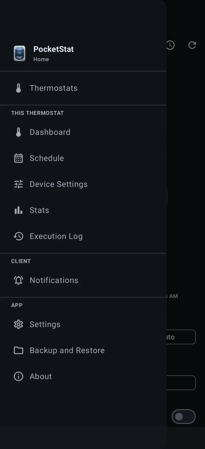 Menu screen in PocketStat