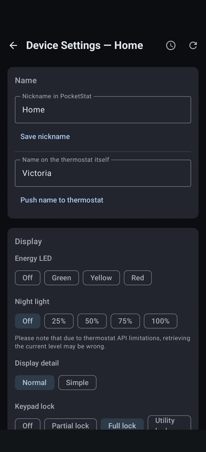 Device settings screen in PocketStat