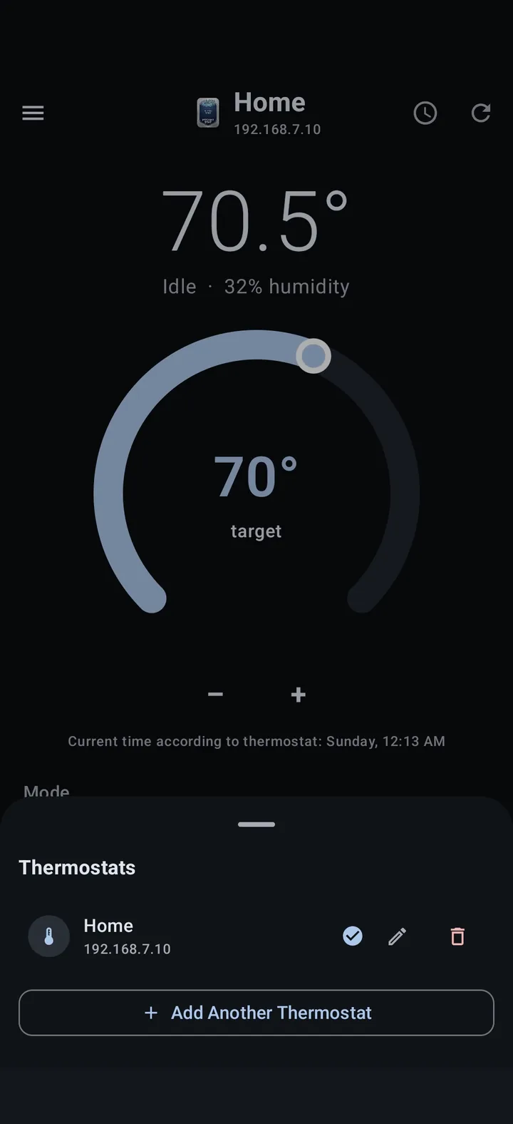 Thermostat switcher screen in PocketStat